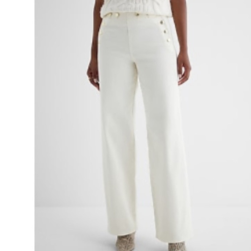 Express Cream Sailor Denim - Wide-Leg Pants with Button Detail